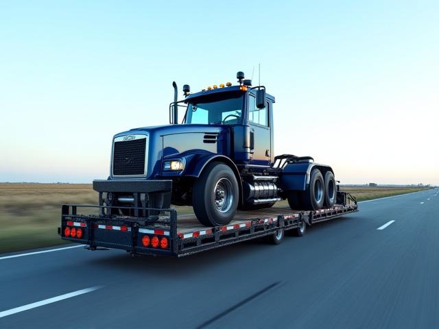 Lowboy trailer carrying a heavy tractor