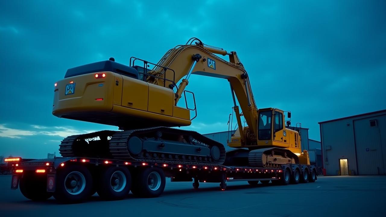 Large yellow excavator being secured on a TKL step-deck trailer for heavy transport
