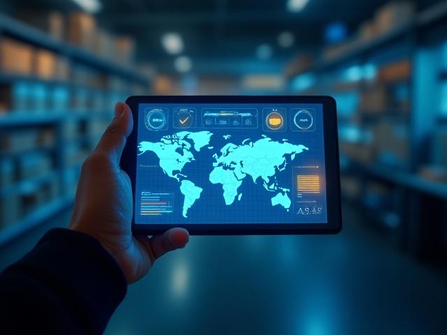 Logistics coordinator monitoring temperature data on a high-tech tablet display