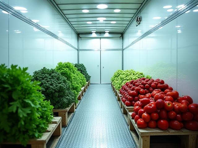 Fresh produce and dairy pallets in a chilled warehouse display