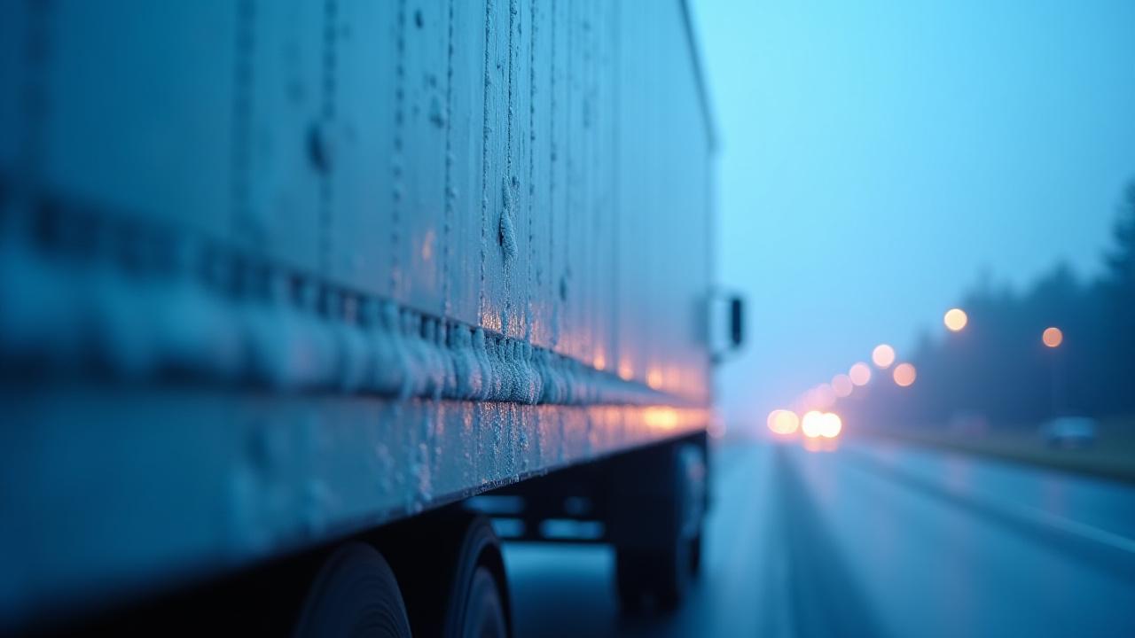 Close-up of a modern refrigerated transport unit with frosty atmosphere